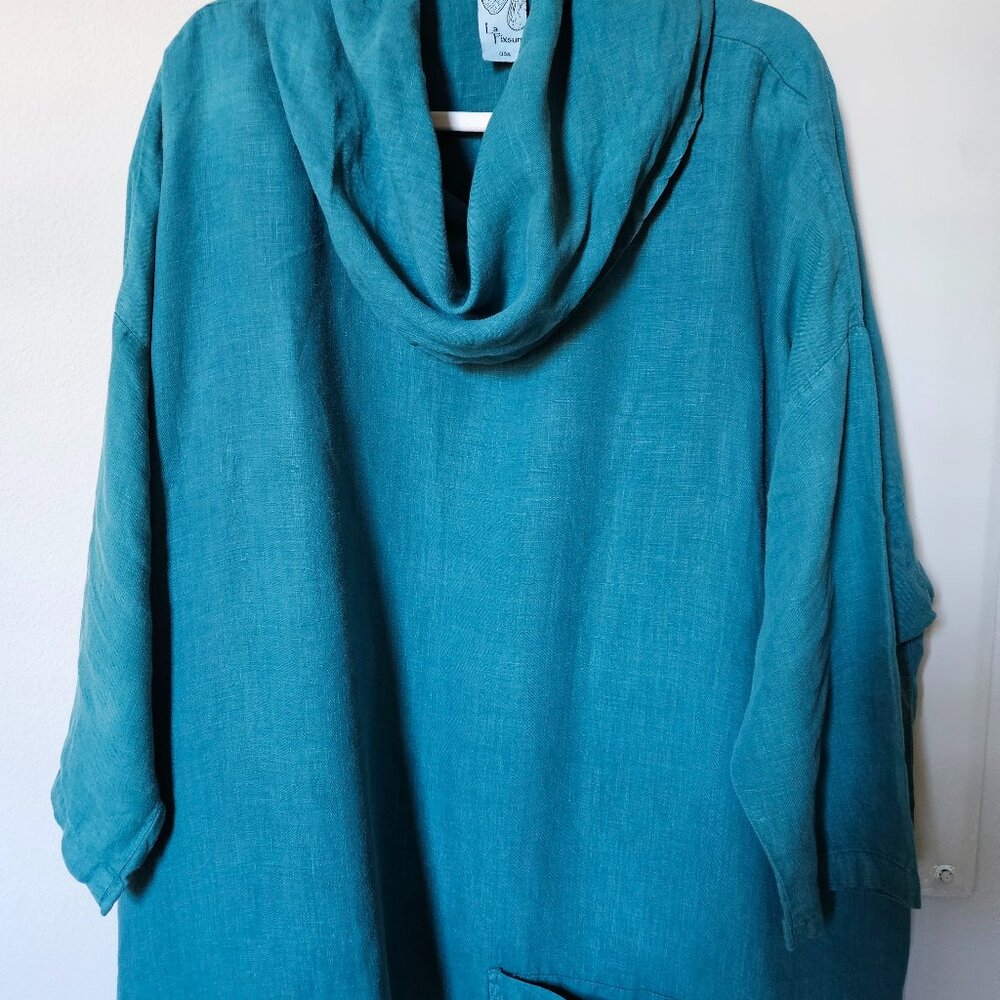 Linen Cowl Neck Tunic Top in Teal